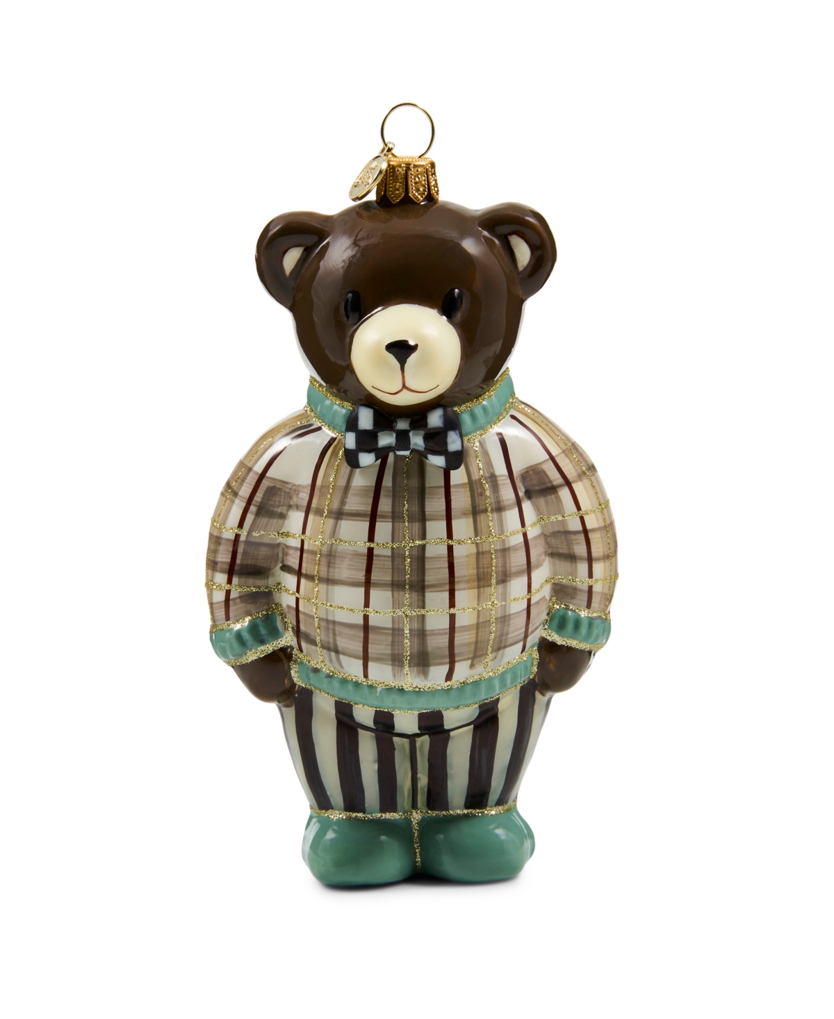 MacKenzie-Childs Mocha Tartan Bear Glass Ornament