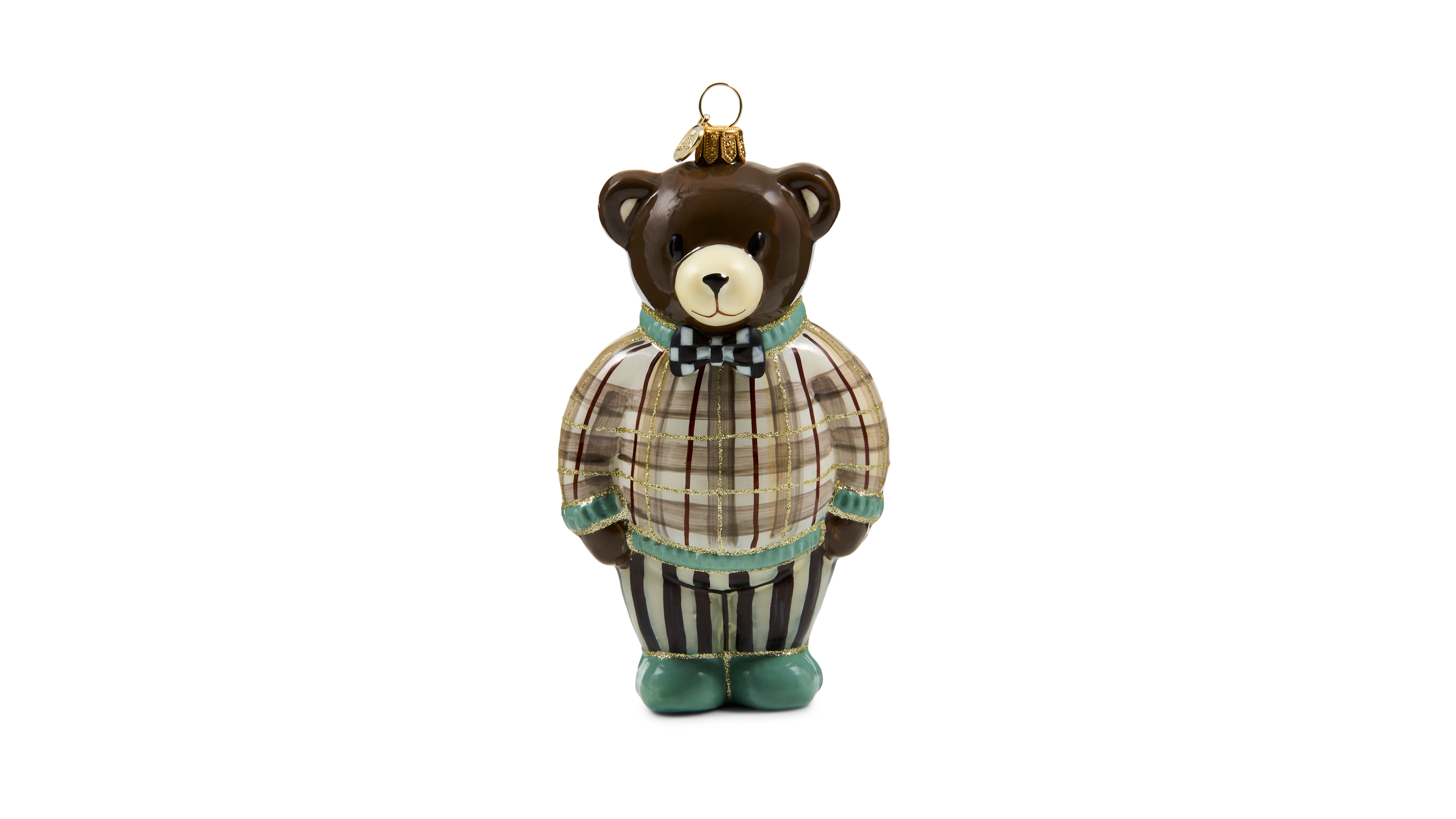 MacKenzie-Childs Mocha Tartan Bear Glass Ornament