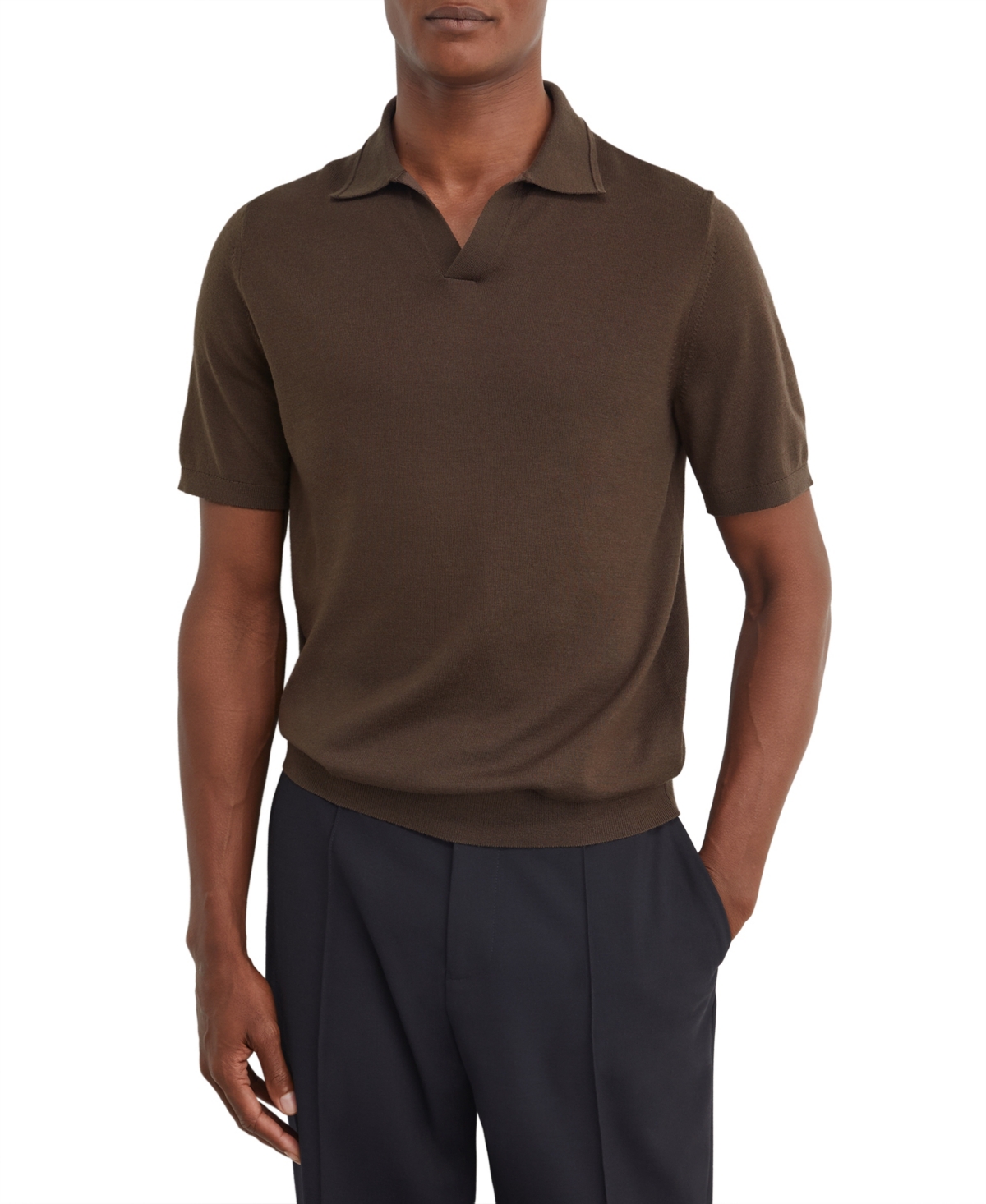 Reiss Men's Duchie Fine-Knit Open-Collar Polo Shirt - Chocolate Brown