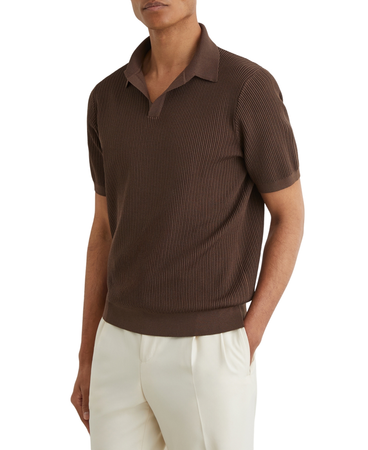 Reiss Men's Sailor Ribbed-Knit Stretch Open-Collar Polo Shirt - Chocolate Brown
