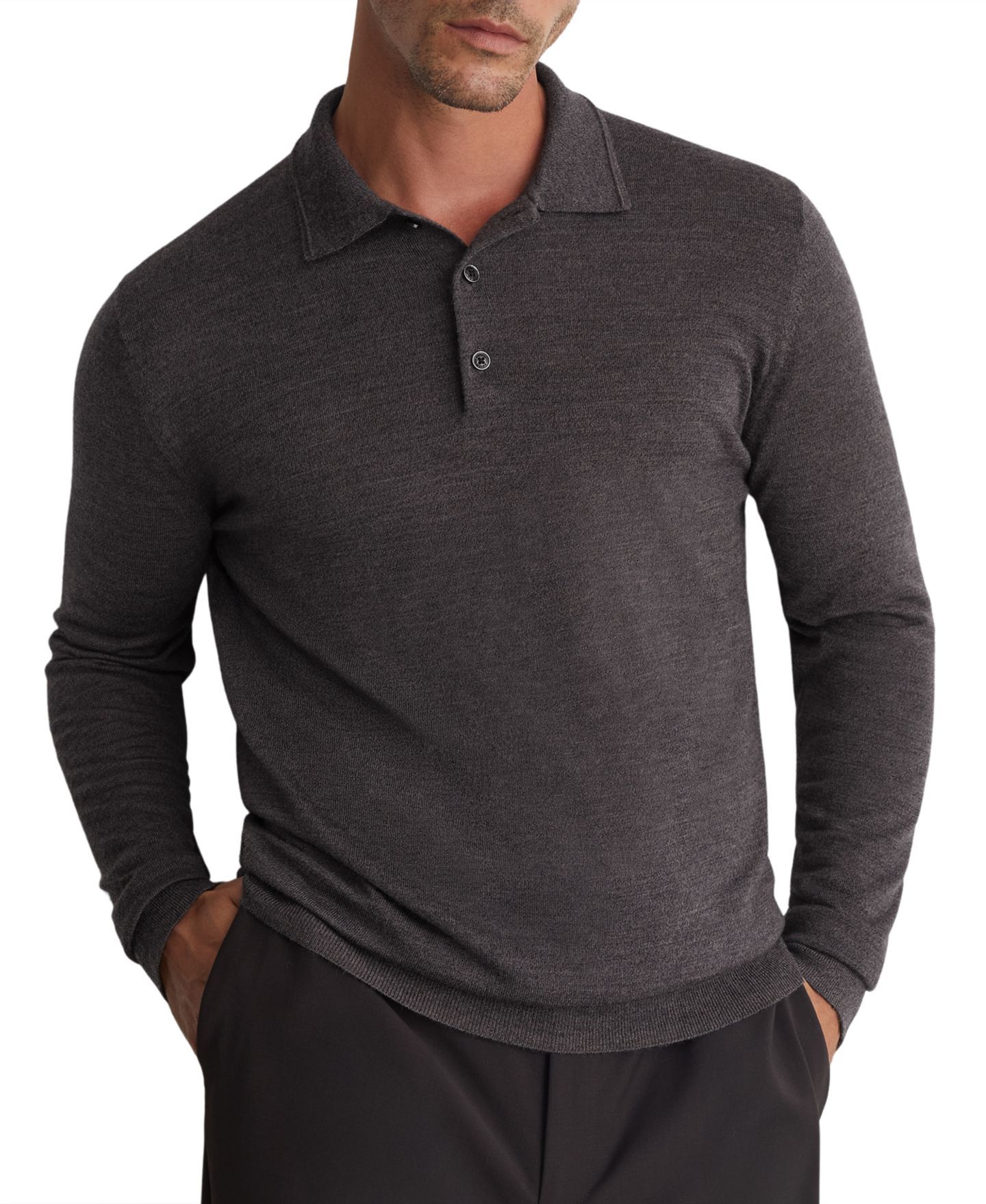 Мужское поло REISS Trafford Long-Sleeve Slim-Fit Merino Wool Polo Shirt — фото 1