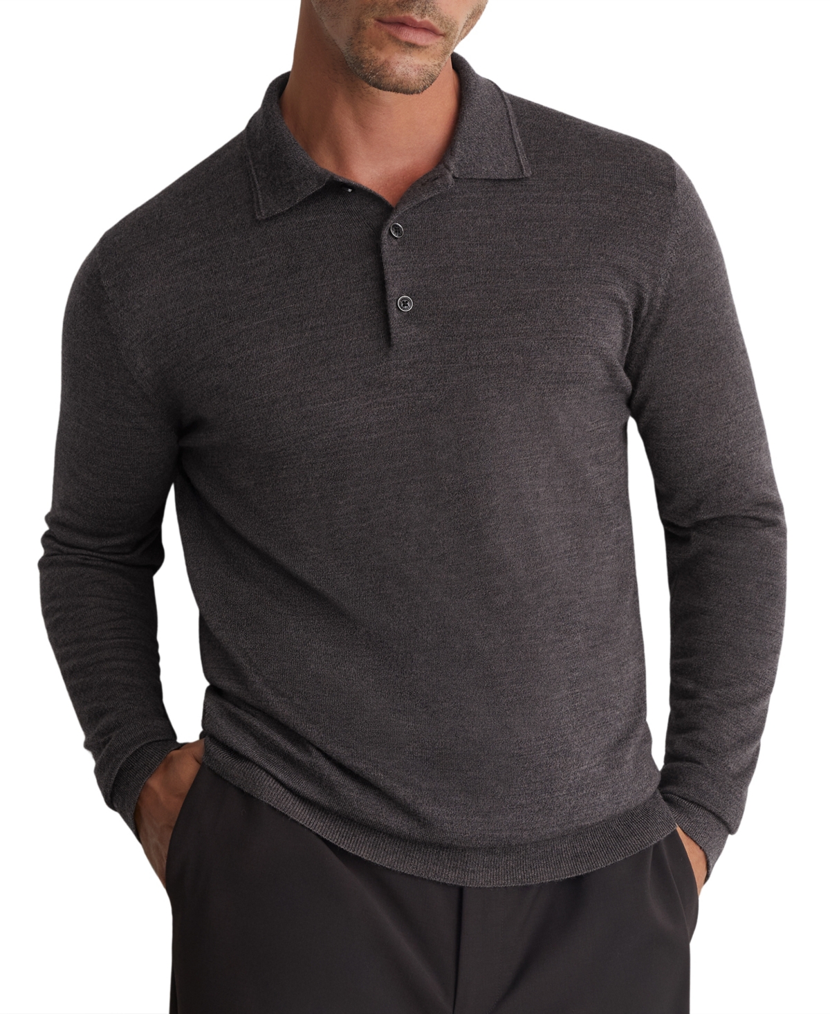 Reiss Men's Trafford Long-Sleeve Slim-Fit Merino Wool Polo Shirt