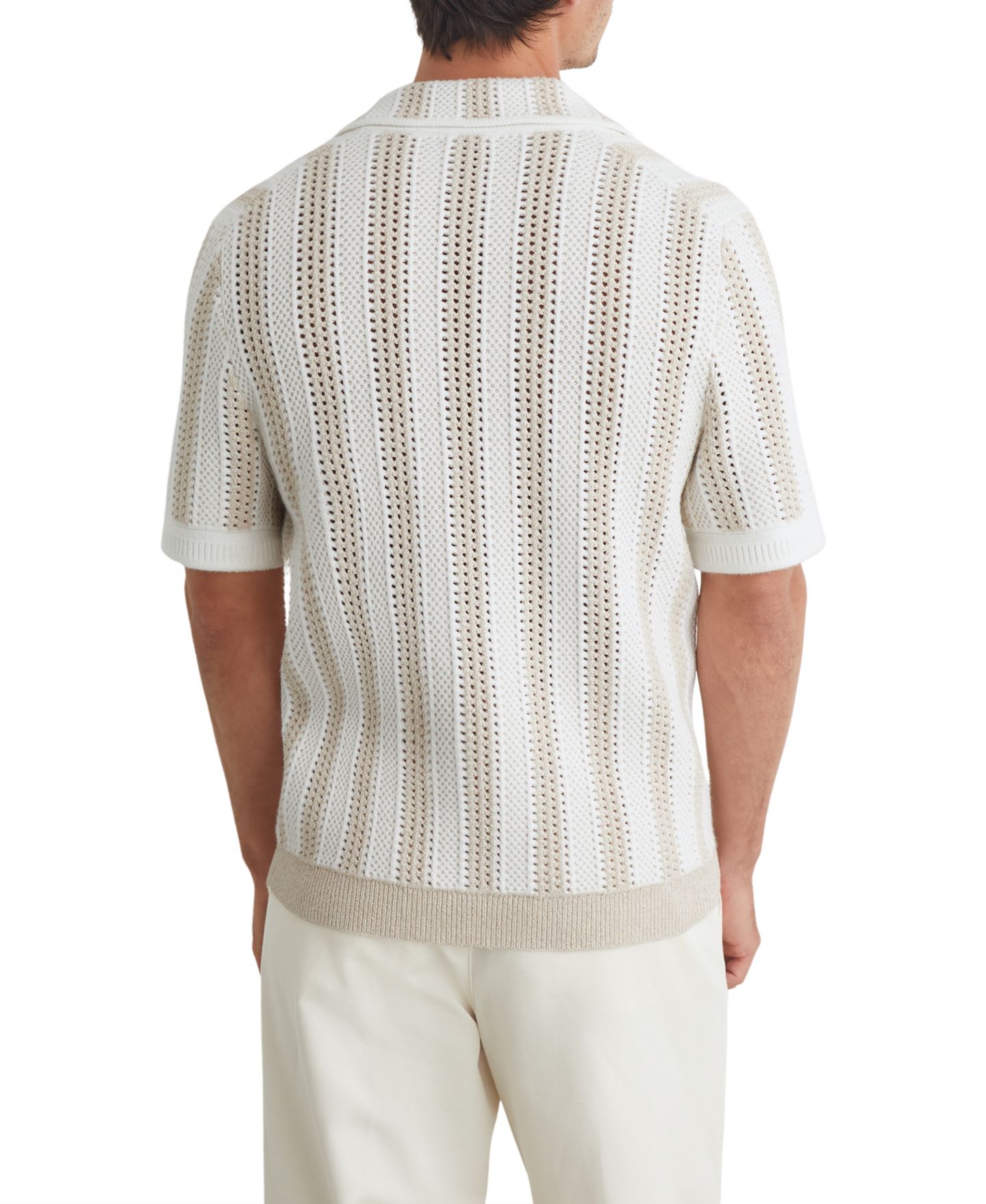 Мужское поло REISS Globe Slim-Fit Crochet-Knit Stripe Cotton-Blend Polo Shirt, цвет: Серо-бежевый / Белый — фото 2