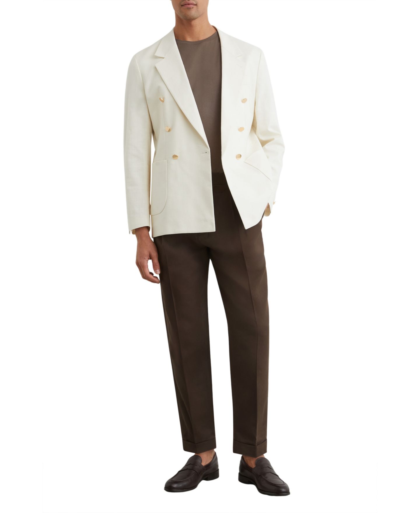 Мужские брюки REISS Com Pleated Tapered-Fit Linen-Blend Trousers, цвет: Шоколадный коричневый — фото 3