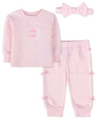 Baby Girls' Long-Sleeve Fleece Bow Sweatsuit Top, Pants, and Headband, 3-Piece Set