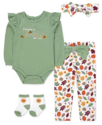 Girls' 0-5T Thankful Long-Sleeve Ribbed Thanksgiving 4-Piece Set