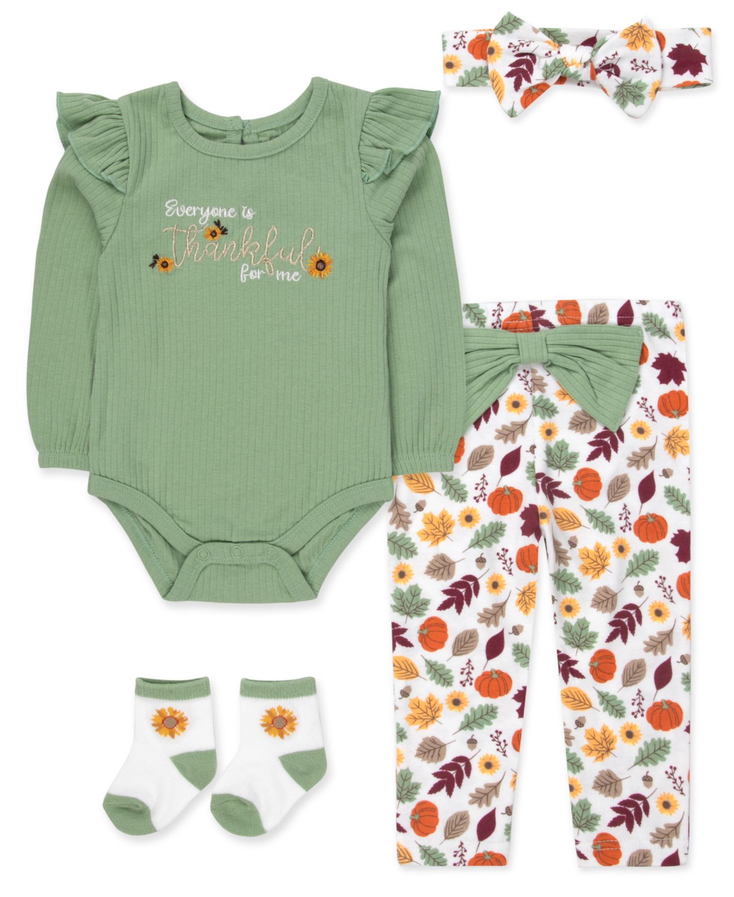 Детский комплект Baby Essentials Thankful ко Дню благодарения из 4 предметов, 0-5T, цвет: Светлый пастельный зелёный — фото 1