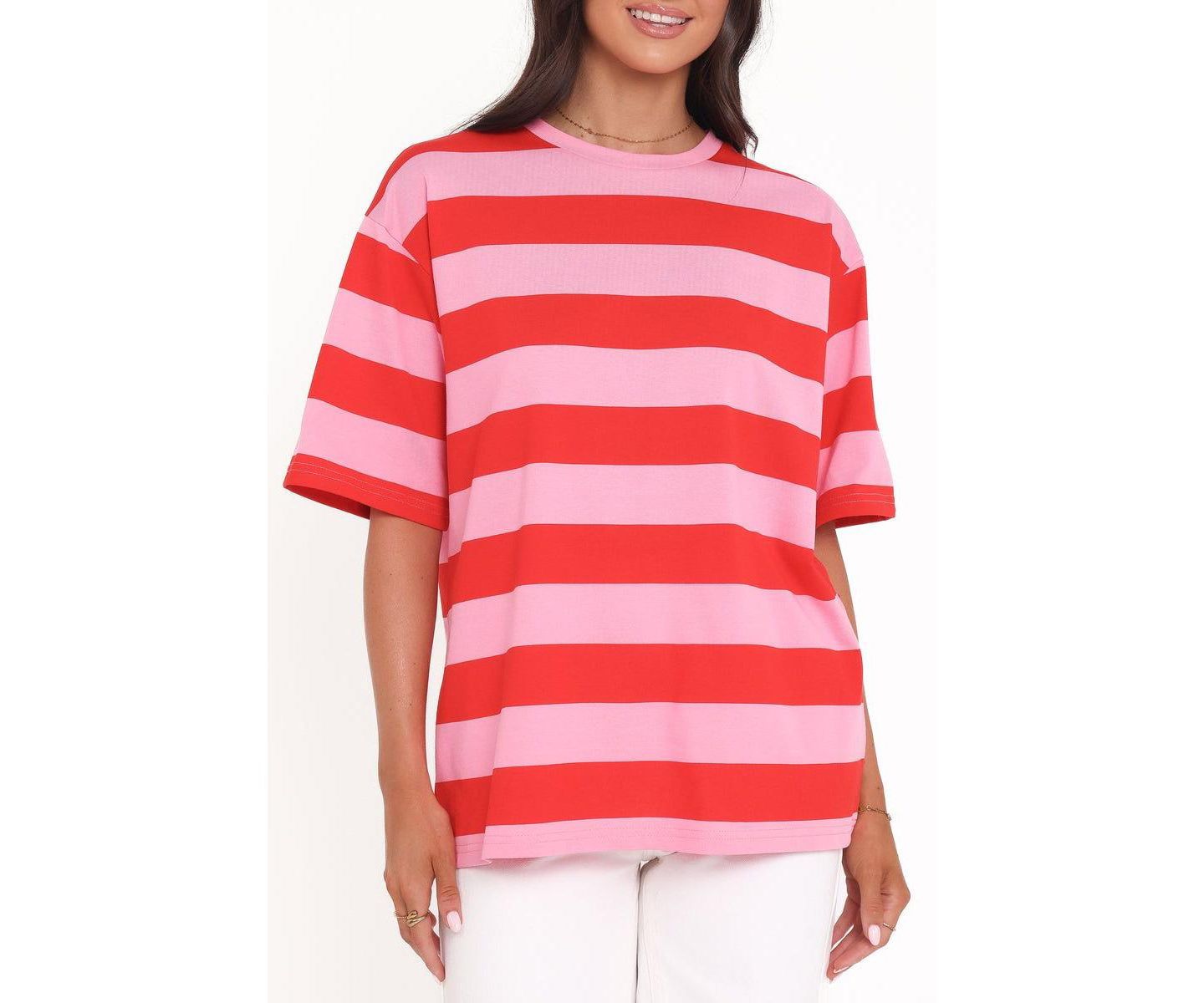 Женская футболка Petal and Pup Striped Crewneck Cotton-Blend Zestora, цвет: Красный розовый полосатый — фото 4