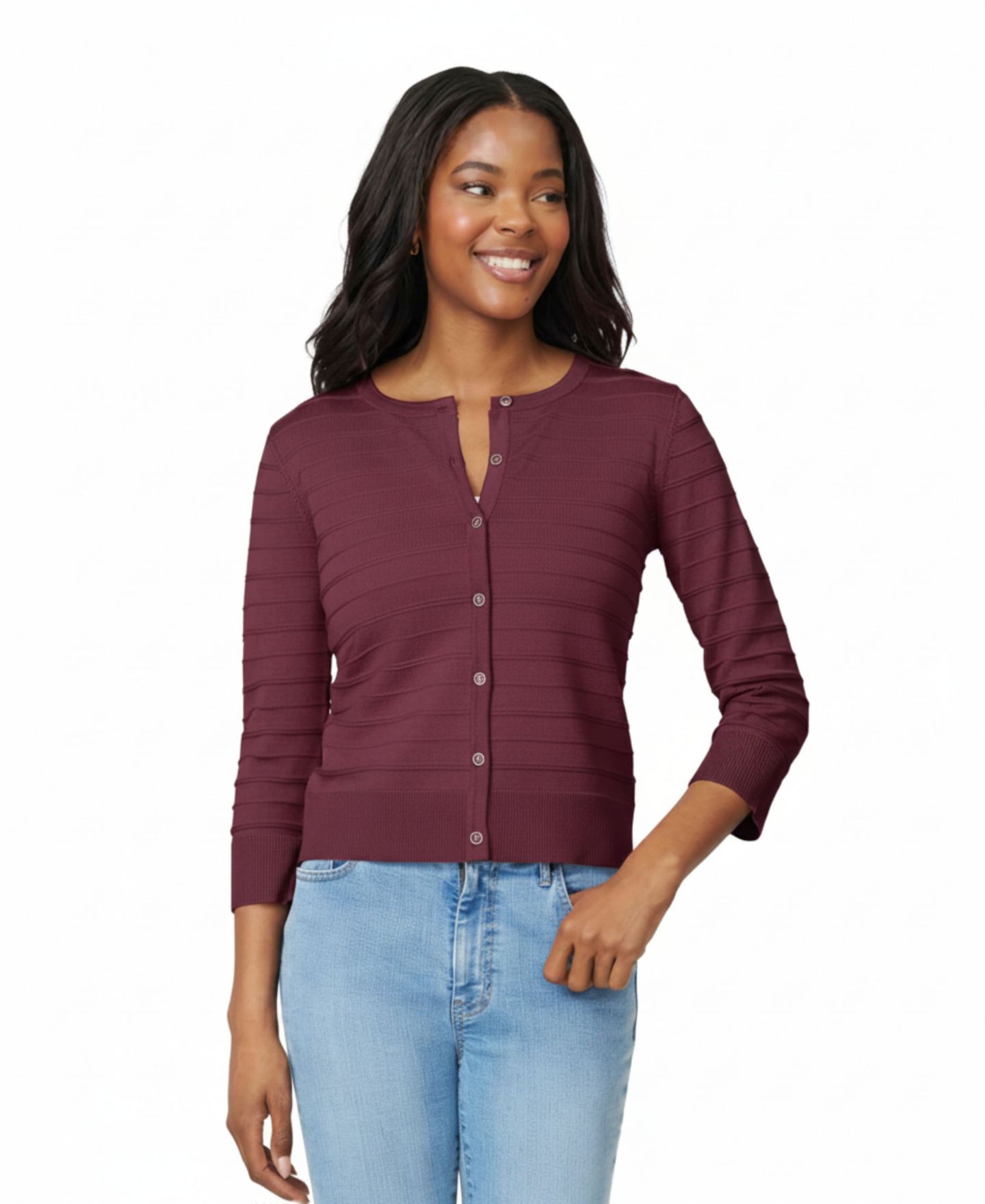 Женский кардиган Melissa Paige Petite Ottoman-Rib 3/4-Sleeve Crewneck, цвет: Каберне красный — фото 1
