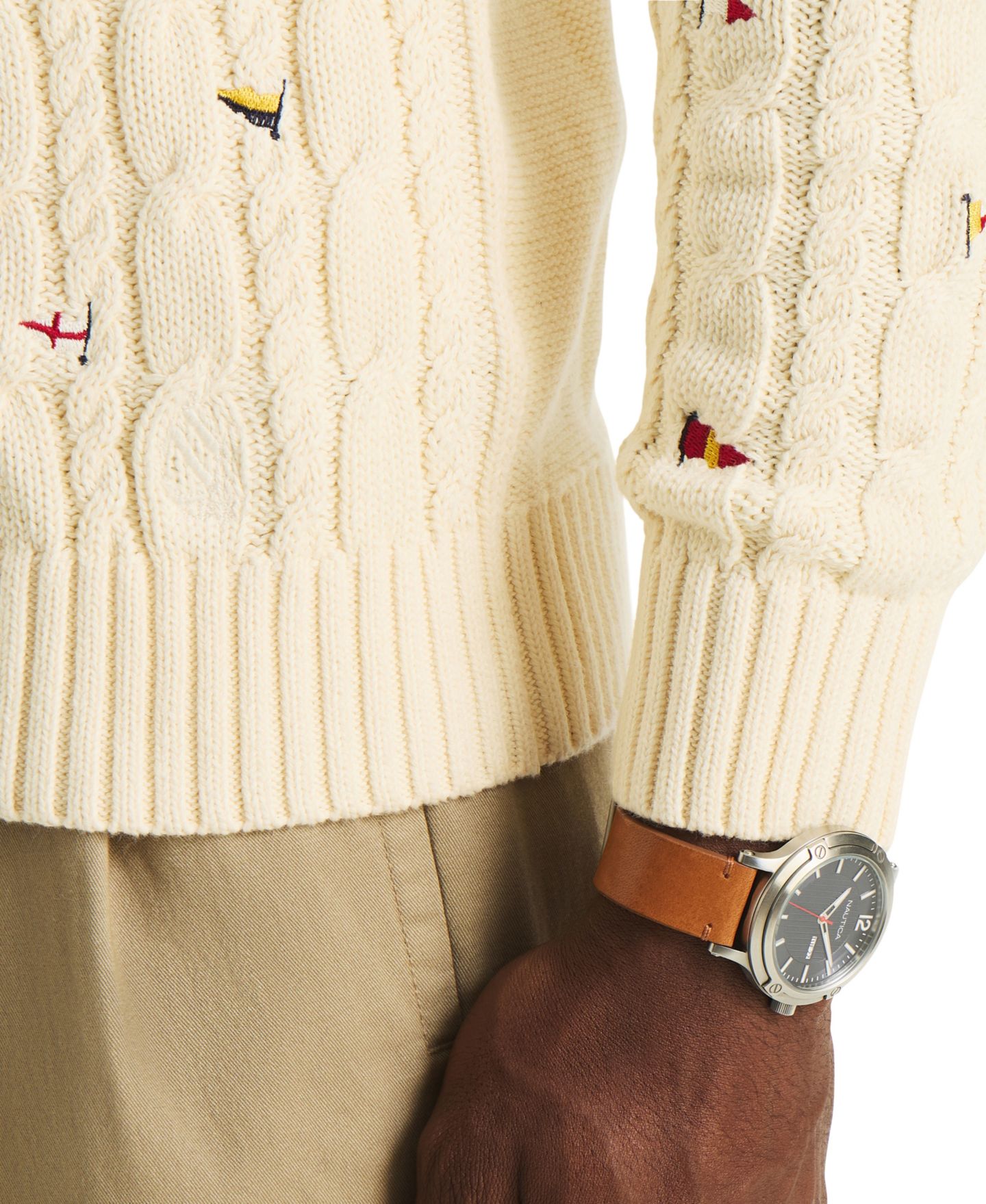 Мужской свитер Nautica Crewneck Embroidered Nautical Flag Cable, цвет: Gardenia — фото 4