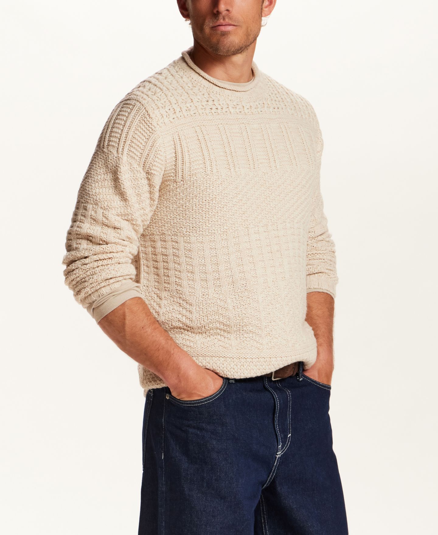 Мужской свитер Weatherproof Vintage Chunky Crew Neck Long-Sleeve Sweater, цвет: Бежевый меланжевый — фото 3