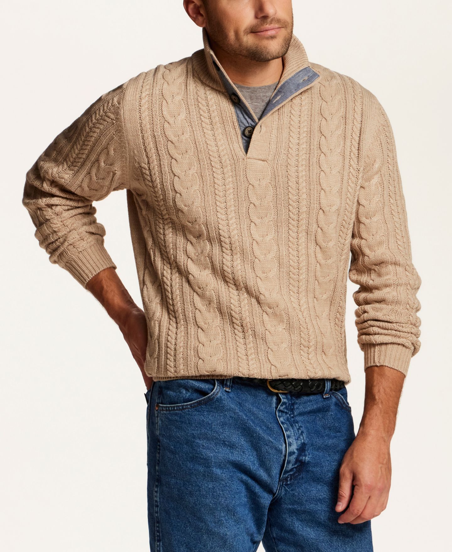 Мужской свитер Weatherproof Vintage Cable-Knit Mock-Neck Quarter-Button, цвет: Бежевый — фото 2