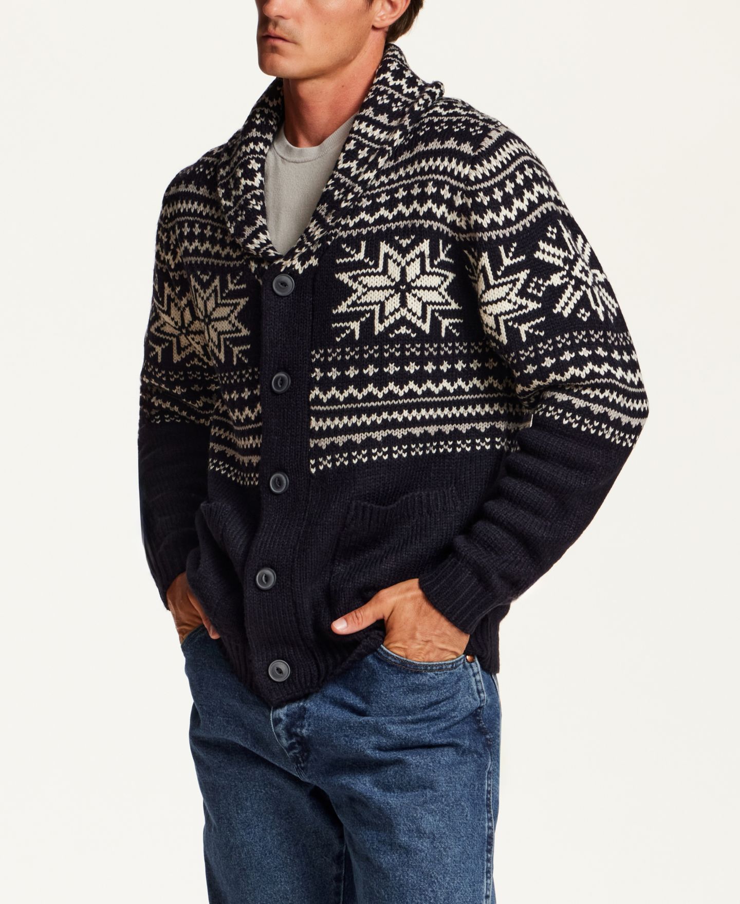 Мужская куртка Weatherproof Vintage Snowflake Shawl Collar Sweater Jacket, цвет: Тёмно-синий — фото 3