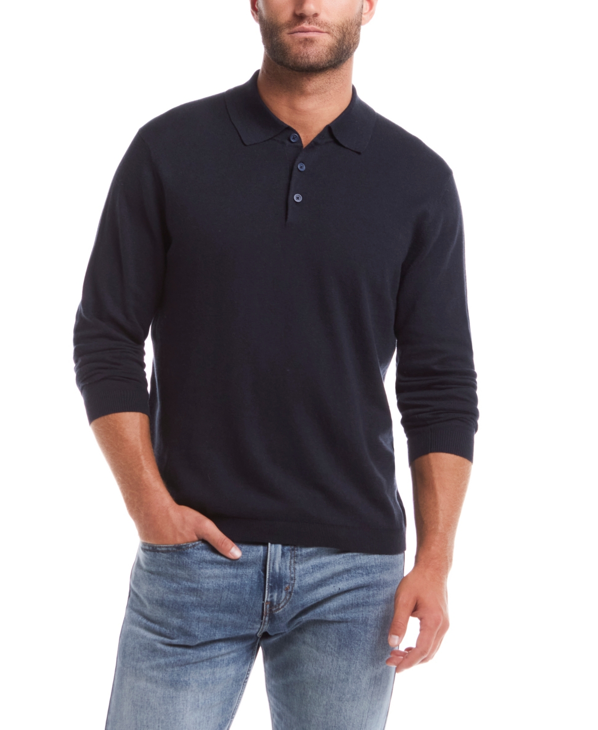 Weatherproof Vintage Men's Cotton Cashmere Long Sleeve Polo Sweater - Navy