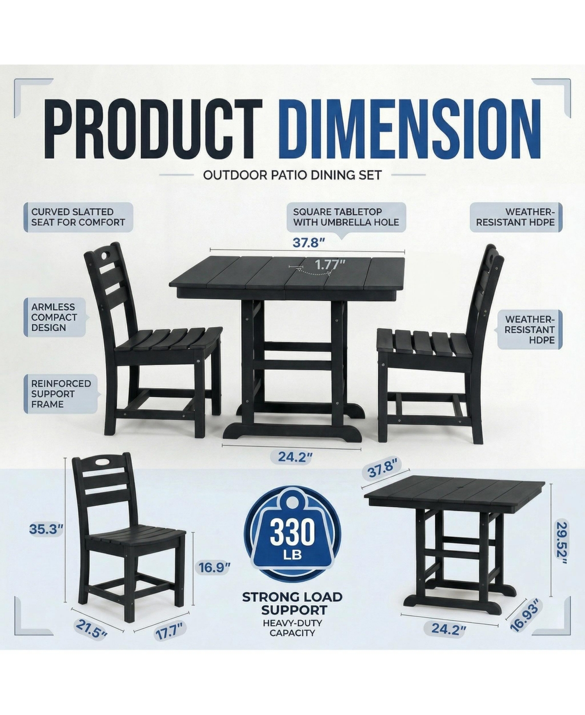 Boyel Living Hdpe Outdoor Patio Dining Set 37.8 Inch Square Table with 2 Chairs 3-Piece Bistro