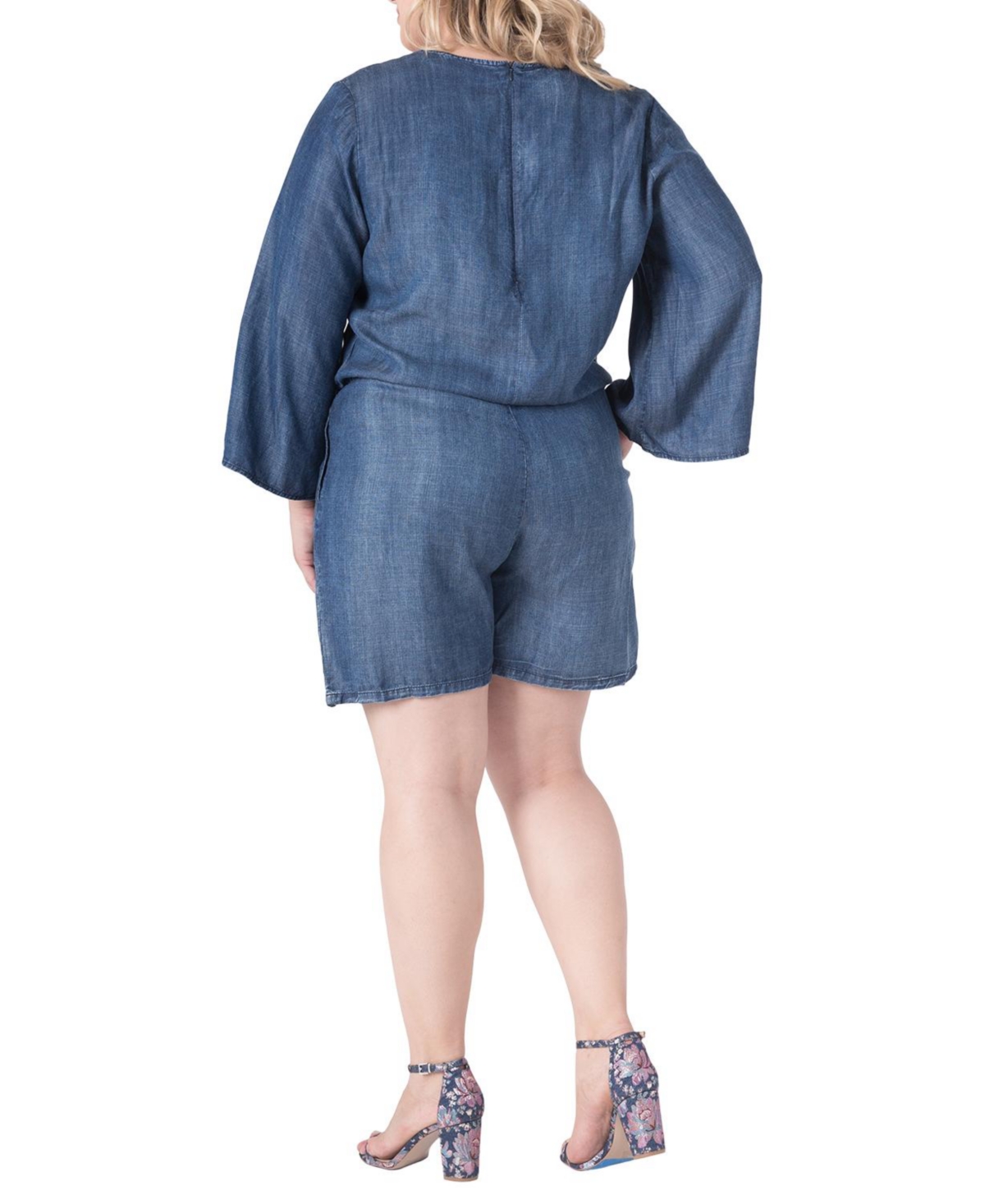 Standards & Practices Plus Barbie Bell-Sleeve Lace-Up V-Neck Denim Romper