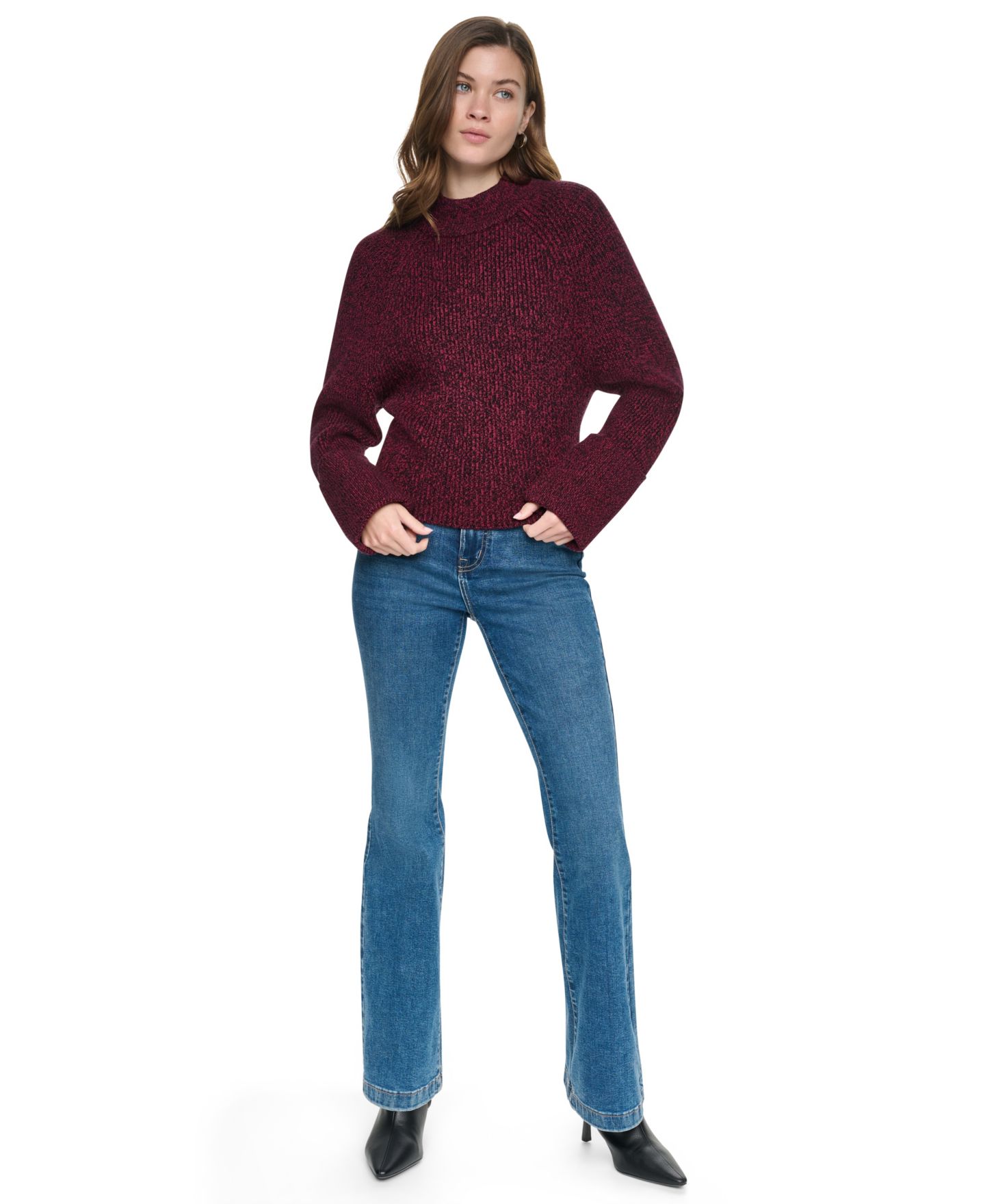 Женский свитер DKNY Jeans Long-Sleeve Mock-Neck Raglan, цвет: Свекольный / Чёрный — фото 2