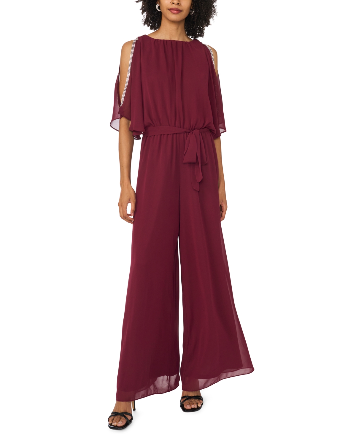 Msk Women's Belted Blouson Boat Neck Jumpsuit In Zinfandel
