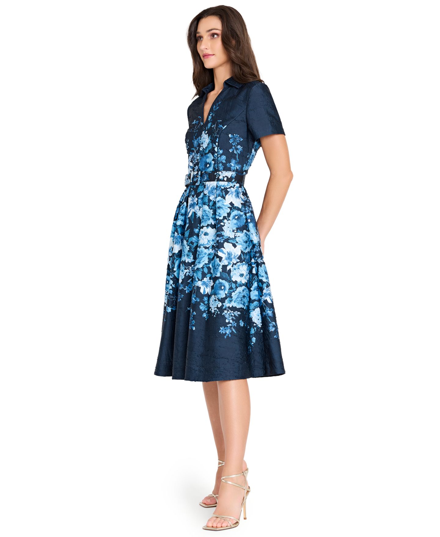 Женское платье Tahari ASL Belted Floral-Print V-Neck Midi, цвет: Тёмно-синий ледяной синий — фото 7