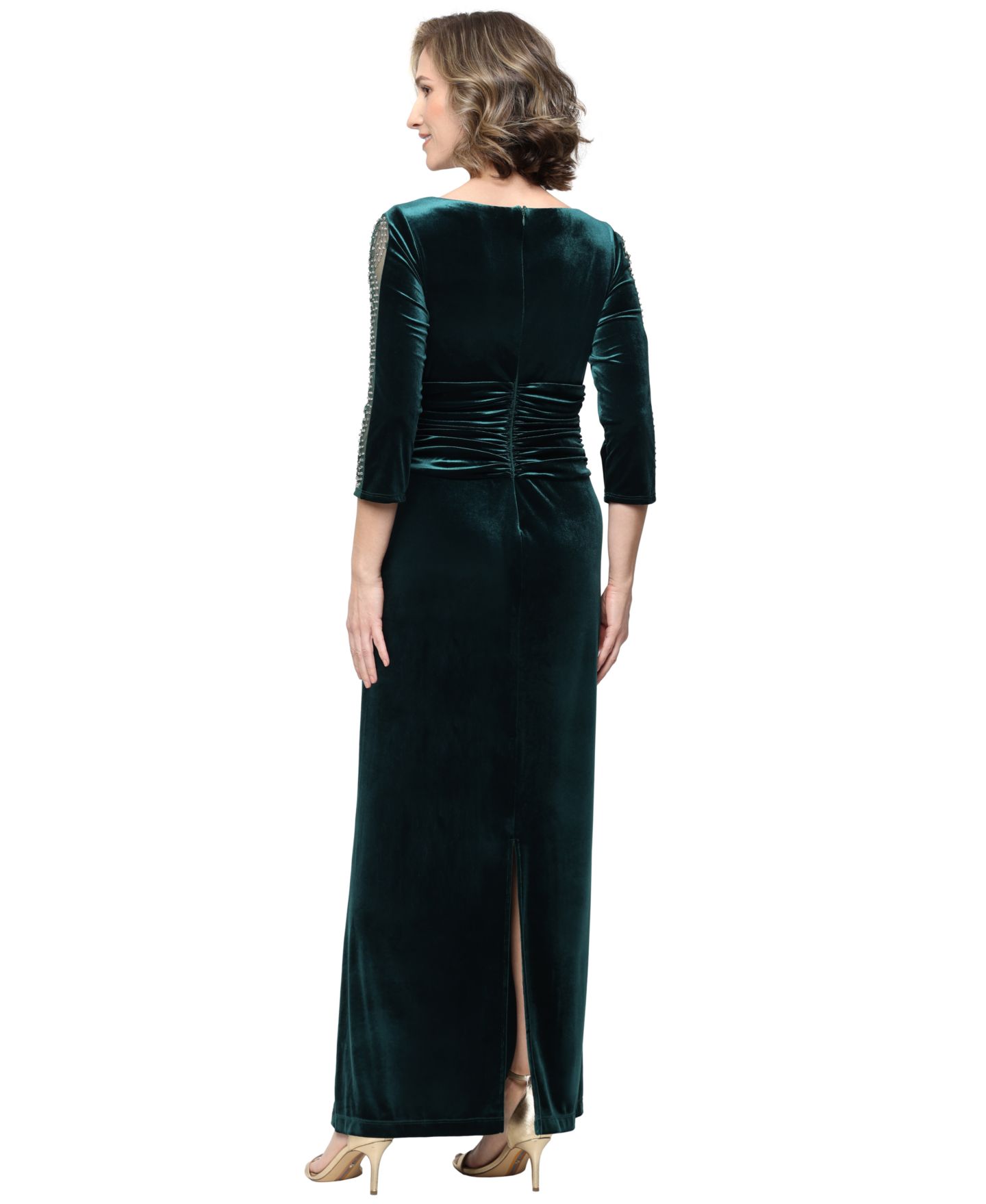 Женское платье SL Fashions Long Stretch Velvet Beaded Illusion Panel Sleeves, цвет: Тёмно-зелёный — фото 3