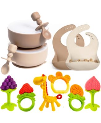 Silicone baby feeding set with suction bowls, lids, adjustable bibs, and teething toys. BPA-free, dishwasher and freezer safe