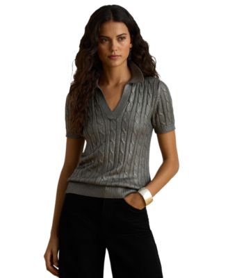 Women's Metallic Cable-Knit Short-Sleeve Pullover
