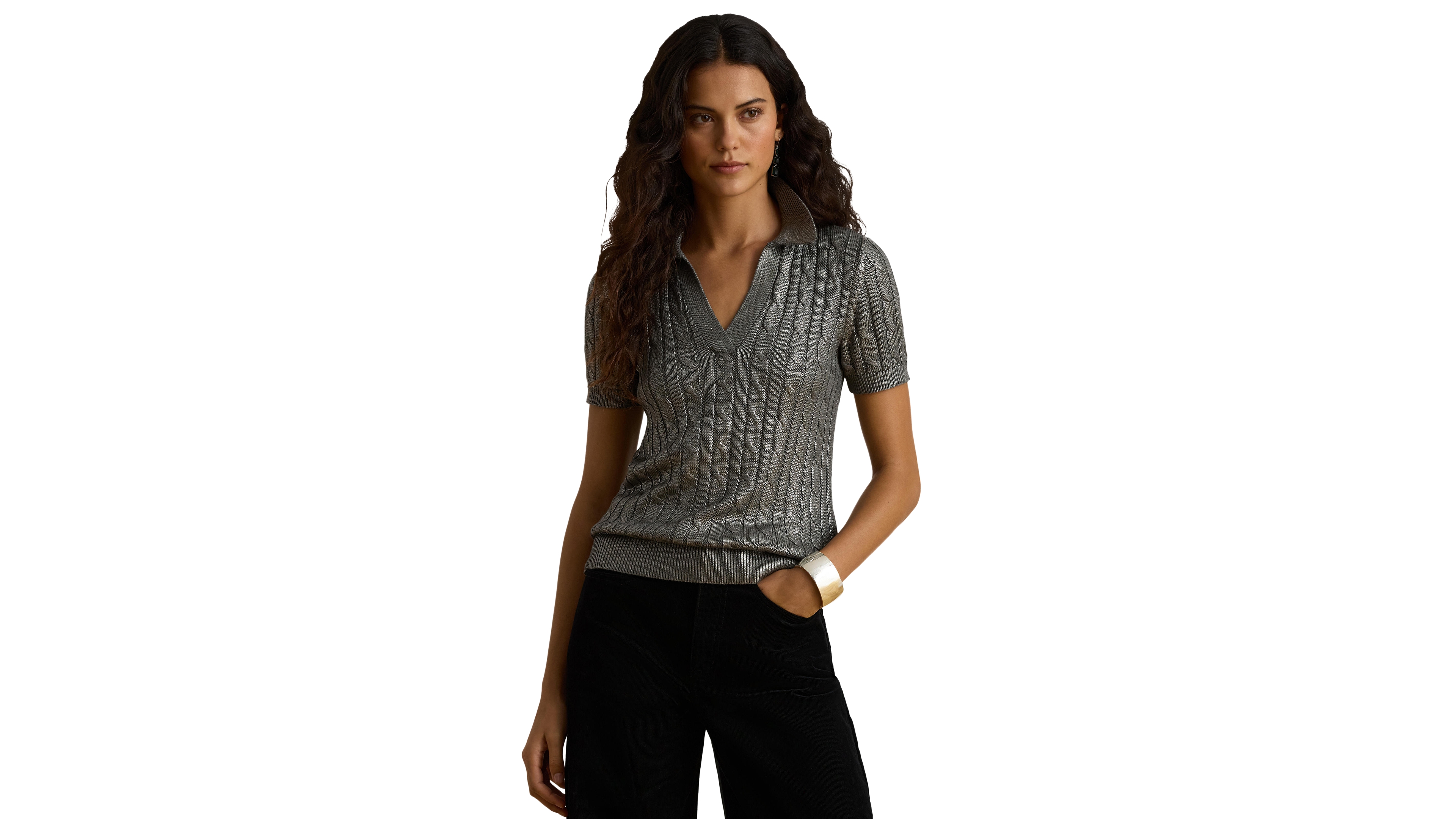 Lauren Ralph Women's Metallic Cable-Knit Short-Sleeve Pullover