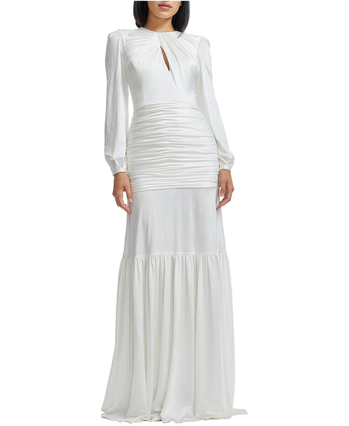Dress The Population Women's Lucille Long Sleeve Keyhole Neck Ruched Tiered Gown - White