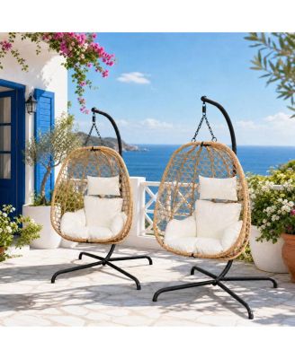Set of 2 Outdoor Hanging Egg Chairs with Stand and Cushions, Wicker Patio Swing Hammock