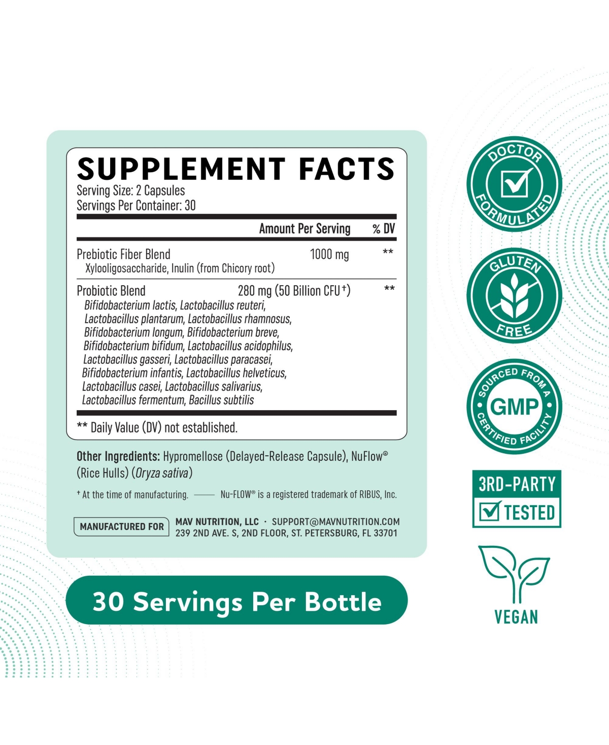 Mav Nutrition Prebiotics and Probiotics 50 Billion Cfu with 16 Probiotic Strains and Inulin Fiber, Delayed-Release Capsules, 60 Count