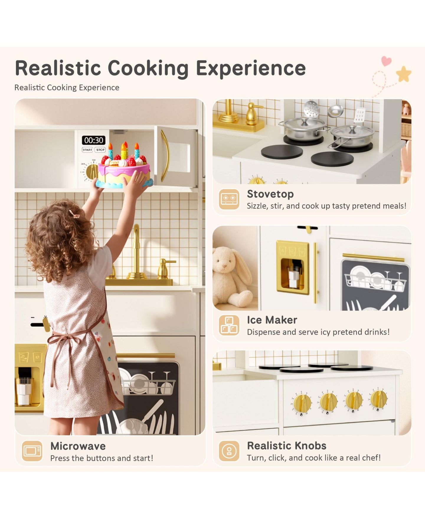 Детские игрушки Kinder King Kids Play Kitchen, Wooden Toy Kitchen Playset for Toddler, Pretend Oven, Microwave, Kitchen Sets for Age 3+, цвет: Бежевый / Хаки — фото 5