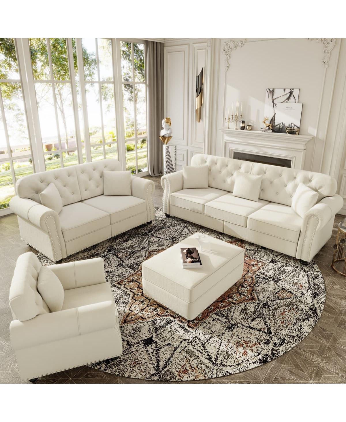Maison Boucle Velvet Accent Chair with Ottoman, Tufted Nailhead Rolled Arms, Pillow