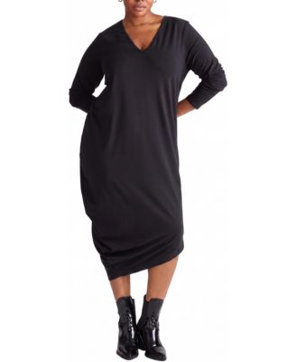 Plus Size Geneva Long-Sleeve V-Neck Midi Dress