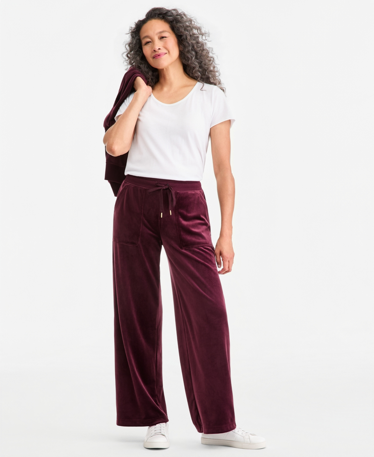 Style & Co Petite Pull-On Wide-Leg Velour Lounge Pants, Macy's Exclusive - Berry Jam