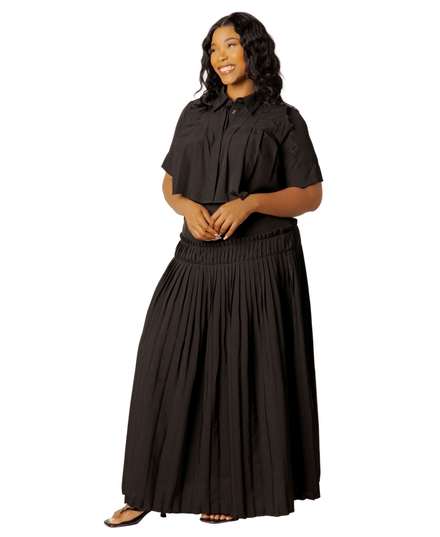 Женский комплект Buxom Couture Plus Size Pleated Cropped Collared Top and Skirt Set, цвет: Чёрный — фото 3