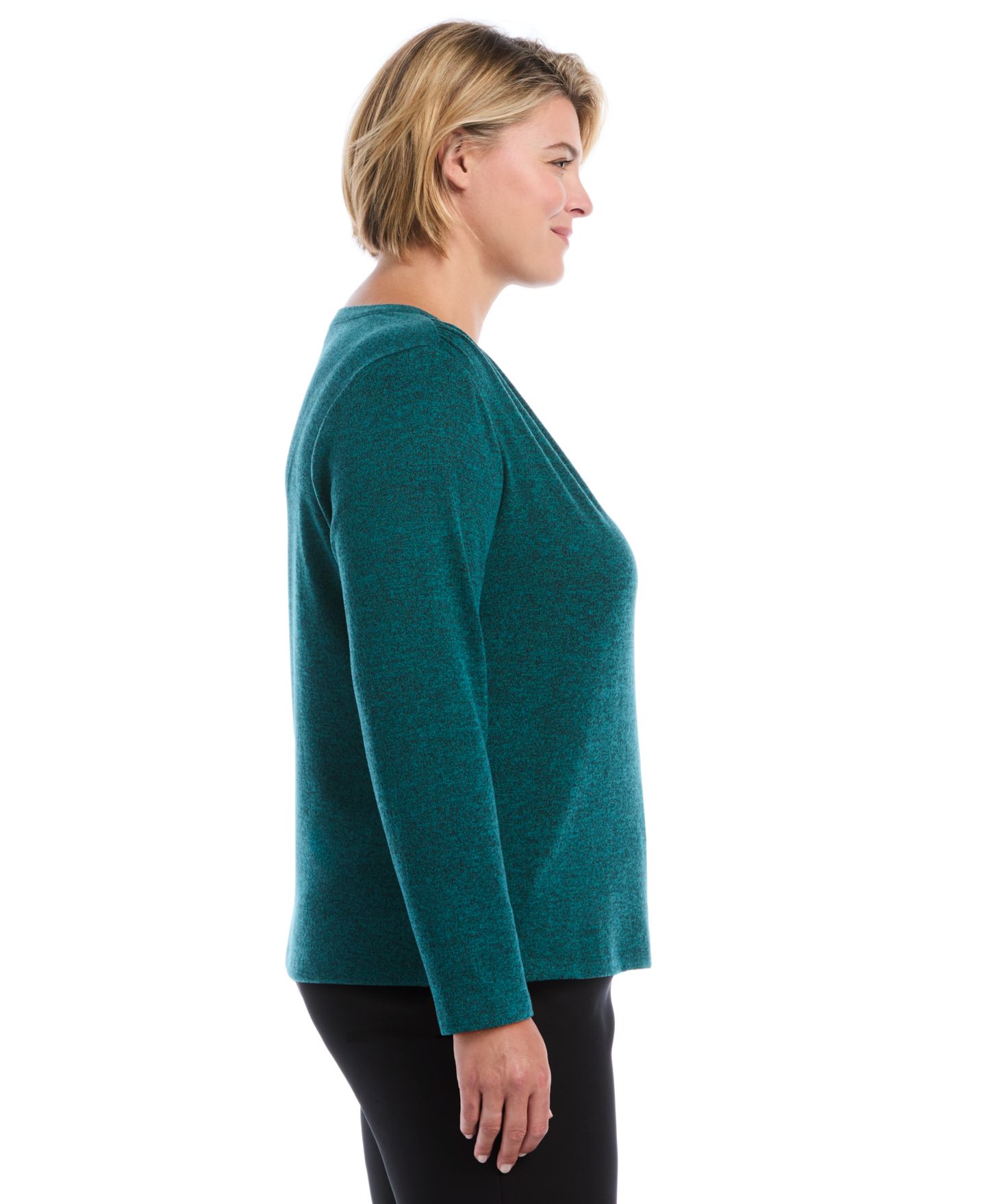 Женская футболка Rafaella Plus Size Shirred Split Neck Long Sleeve, цвет: Глубокий бирюзовый — фото 3