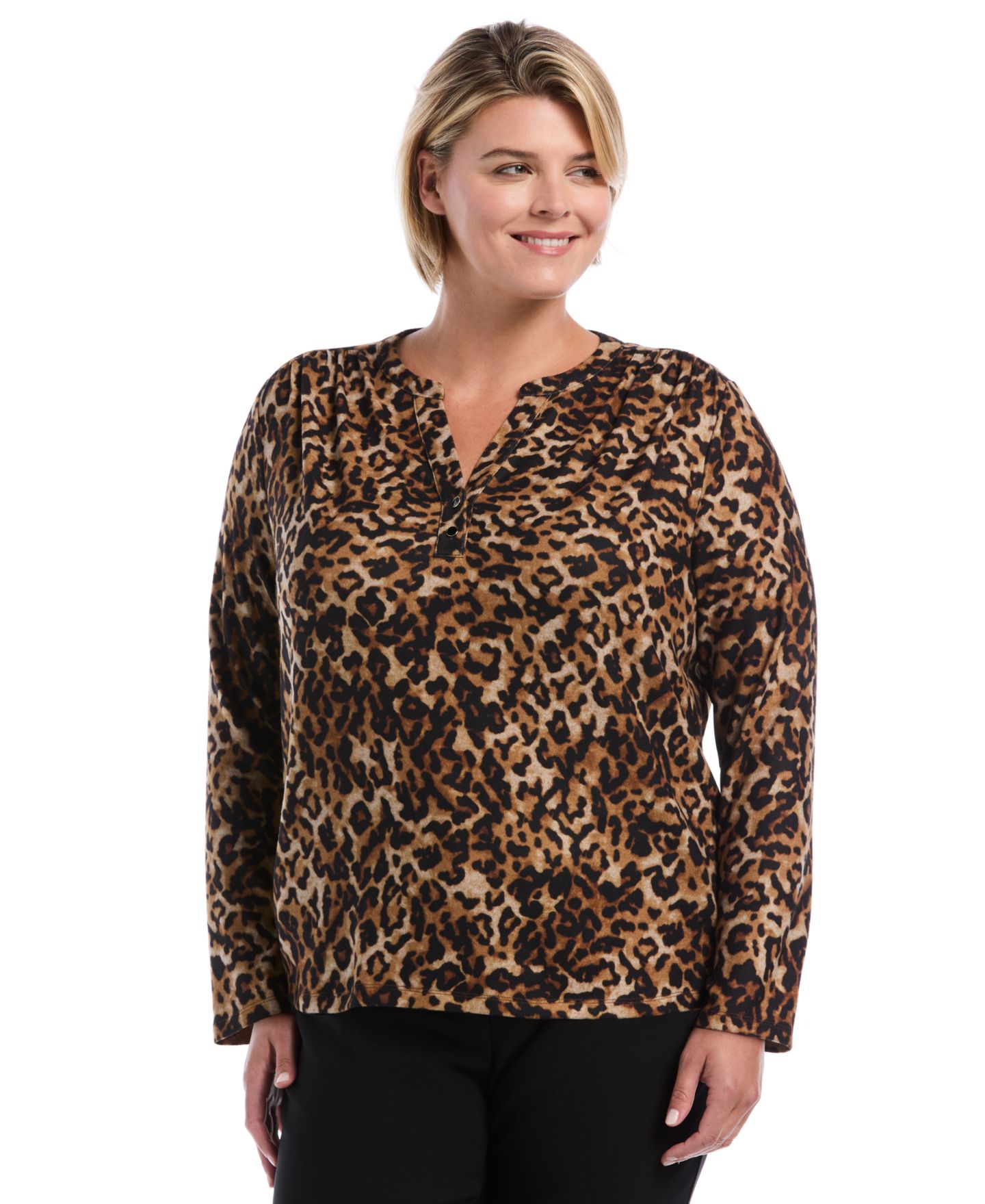 Женский топ Rafaella Plus Size Long Sleeve Leopard Print, цвет: Monks Robe — фото 1