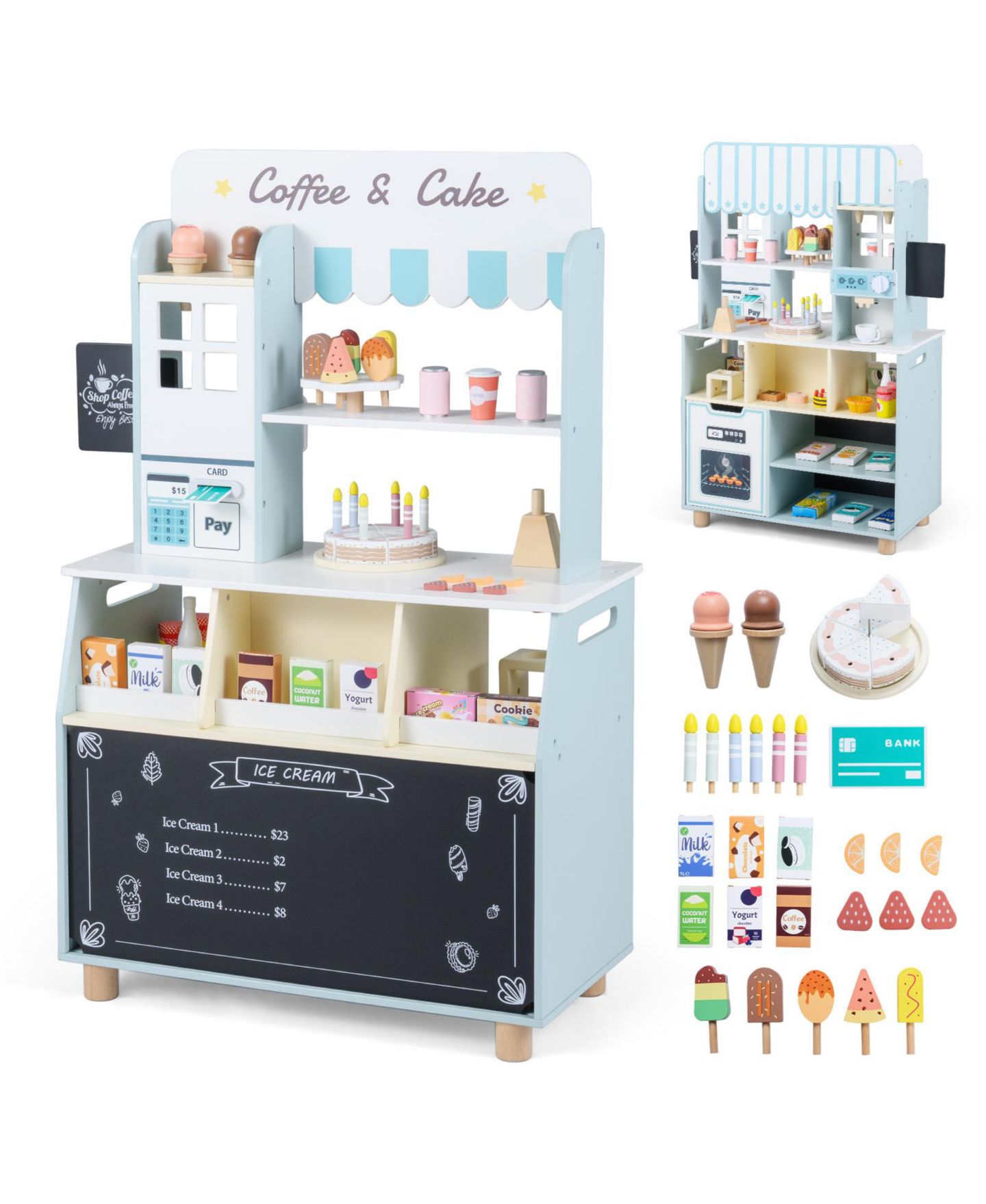 Детский игровой набор Gymax Ice Cream Shop Wooden 27-Piece Playset, Ages 3+, цвет: Синий — фото 1
