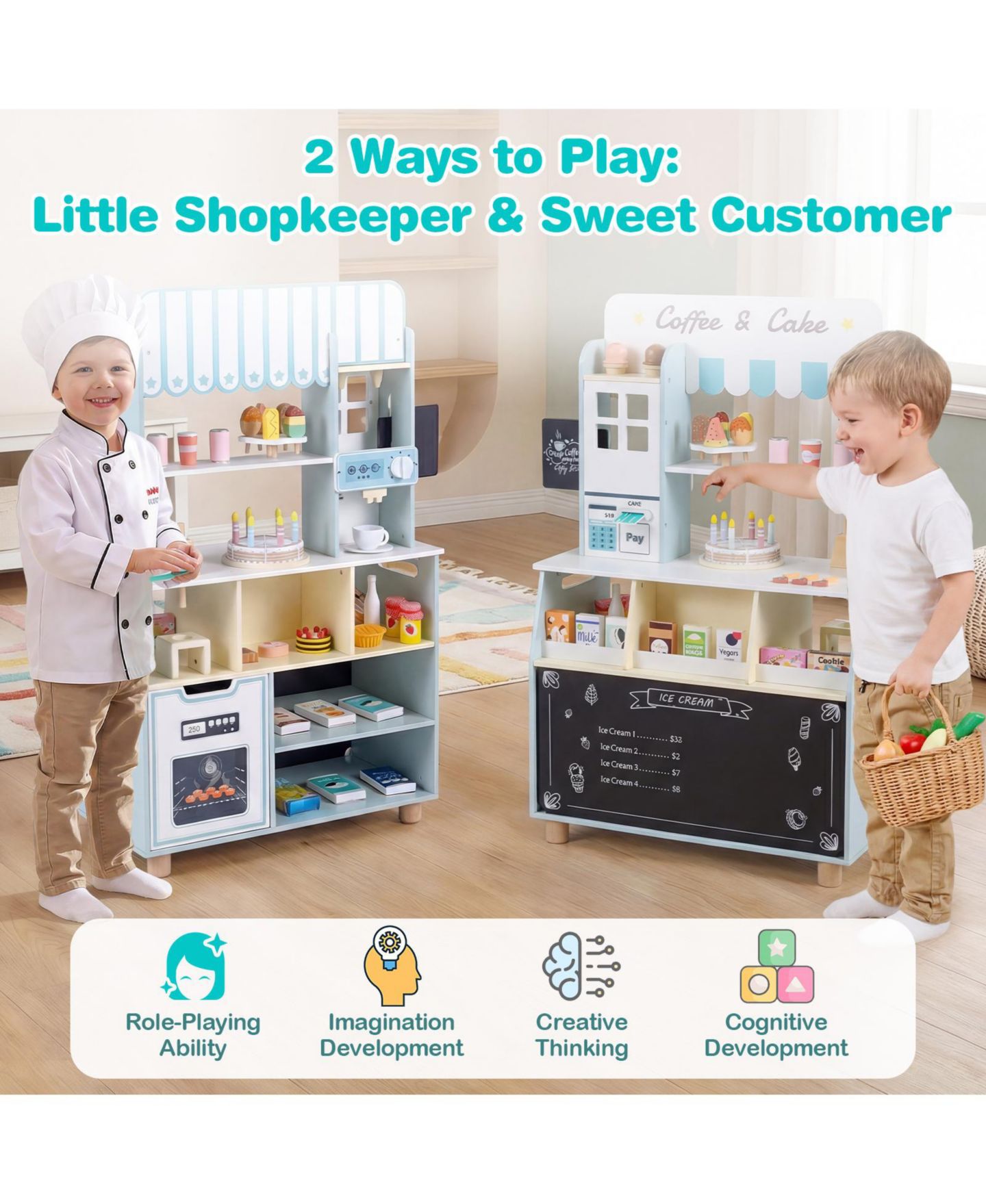 Детский игровой набор Gymax Ice Cream Shop Wooden 27-Piece Playset, Ages 3+, цвет: Синий — фото 10