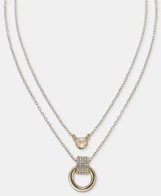Glass Crystal Gold-Tone 2 Row Ring Pendant Necklace, 16"-17" + 3" Extender