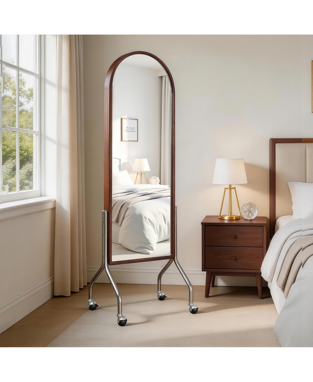 Phying Arched Full-Length Mirror with Storage Shelves, Premium Rubber Wood Freestanding Rolling Dressing Mirror and Bookcase Cart