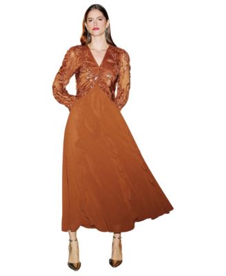 Women's Sequin Bodice V-Neck Long-Sleeve Maxi Dress
