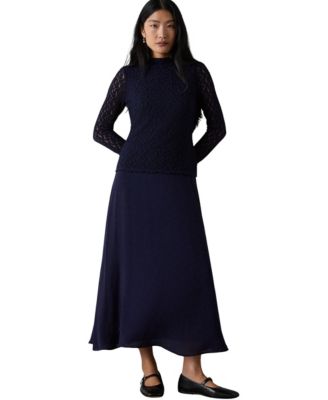 Women's Drop Waist Long-Sleeve Lace Midi Dress