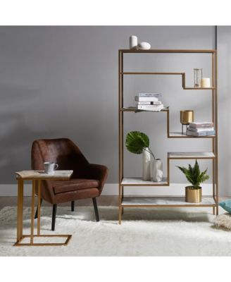 Marmo Modern Marble-Look C Shape Side Table, Faux Marble/Brass
