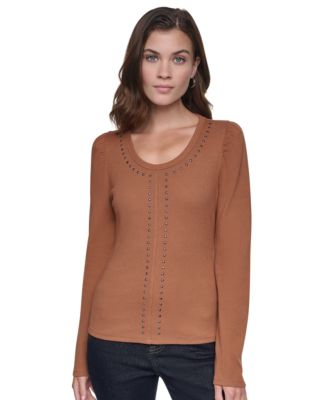 Women's Scoop Neck Long-Puff Sleeve Rhinestud Cotton-Blend Top