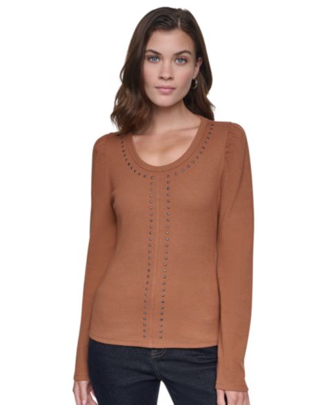 Женский топ DKNY Jeans Scoop Neck Long-Puff Sleeve Rhinestud Cotton-Blend, цвет: Карамельный / Графитовый