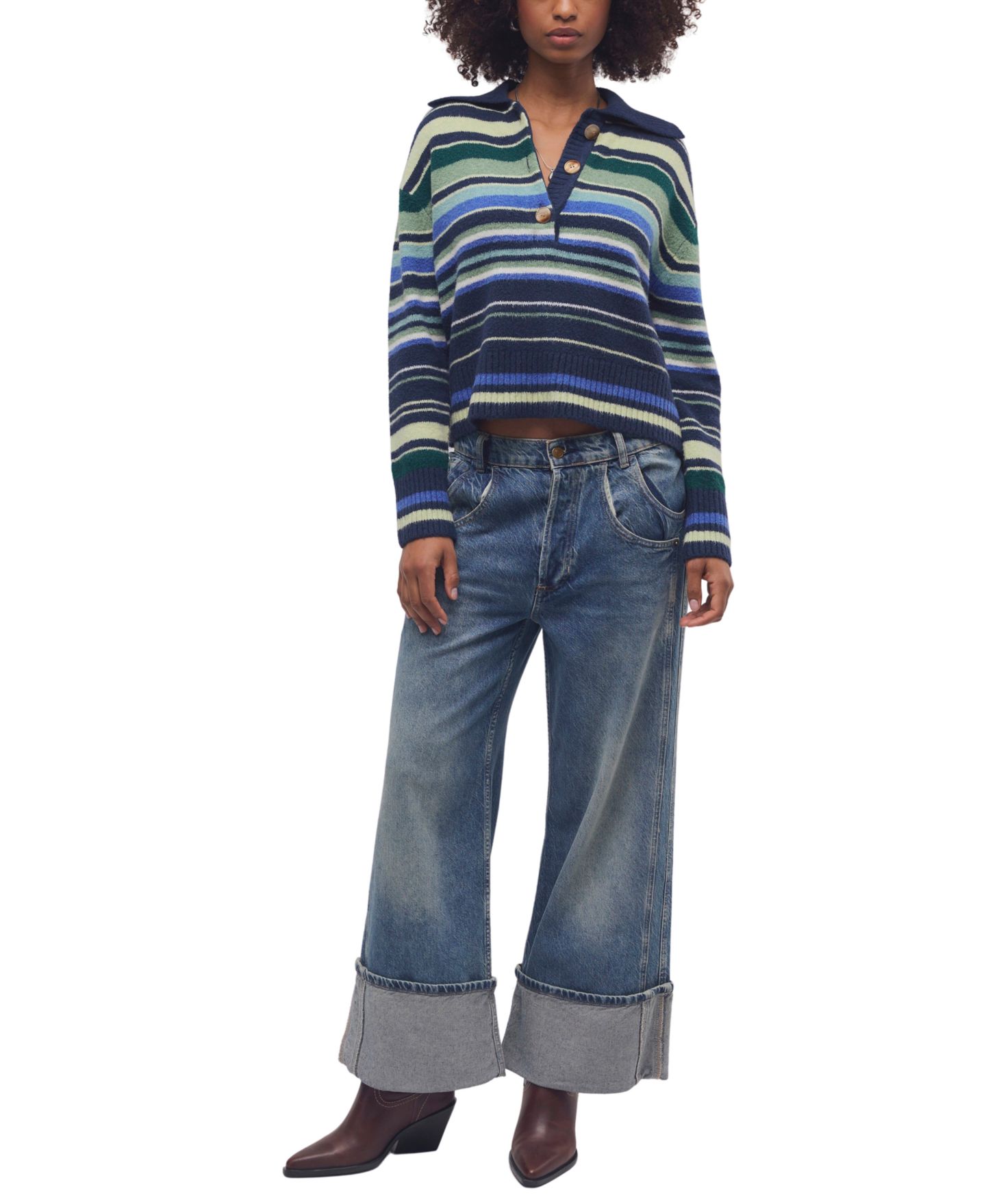 Женский свитер Free People Trading Up Lightweight Stripe Polo Sweater, цвет: Тёмно-синий комбинированный — фото 2