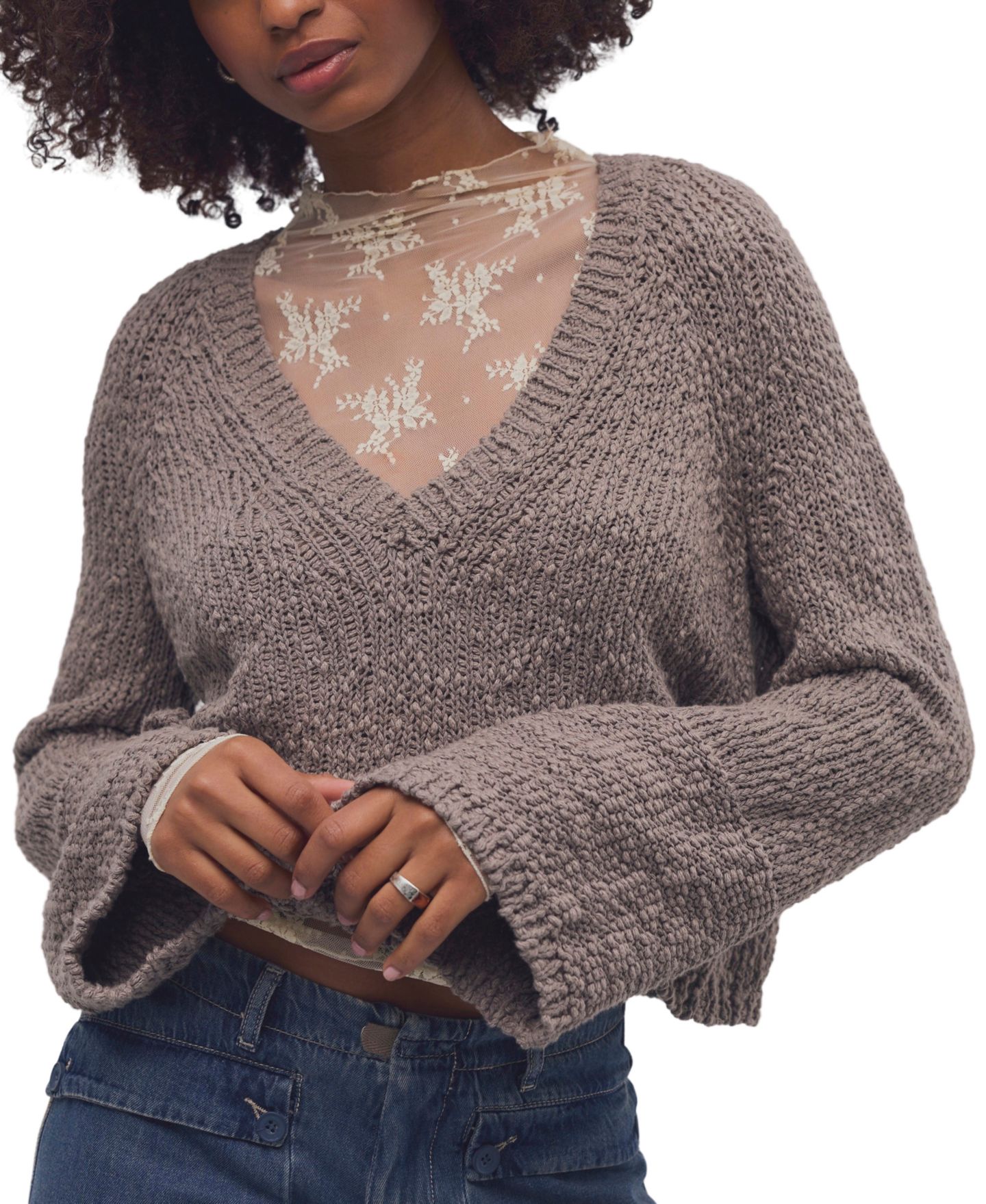 Женский свитер Free People Heartland Cropped Flared-Sleeve V-Neck Pullover, цвет: Коричневый — фото 1