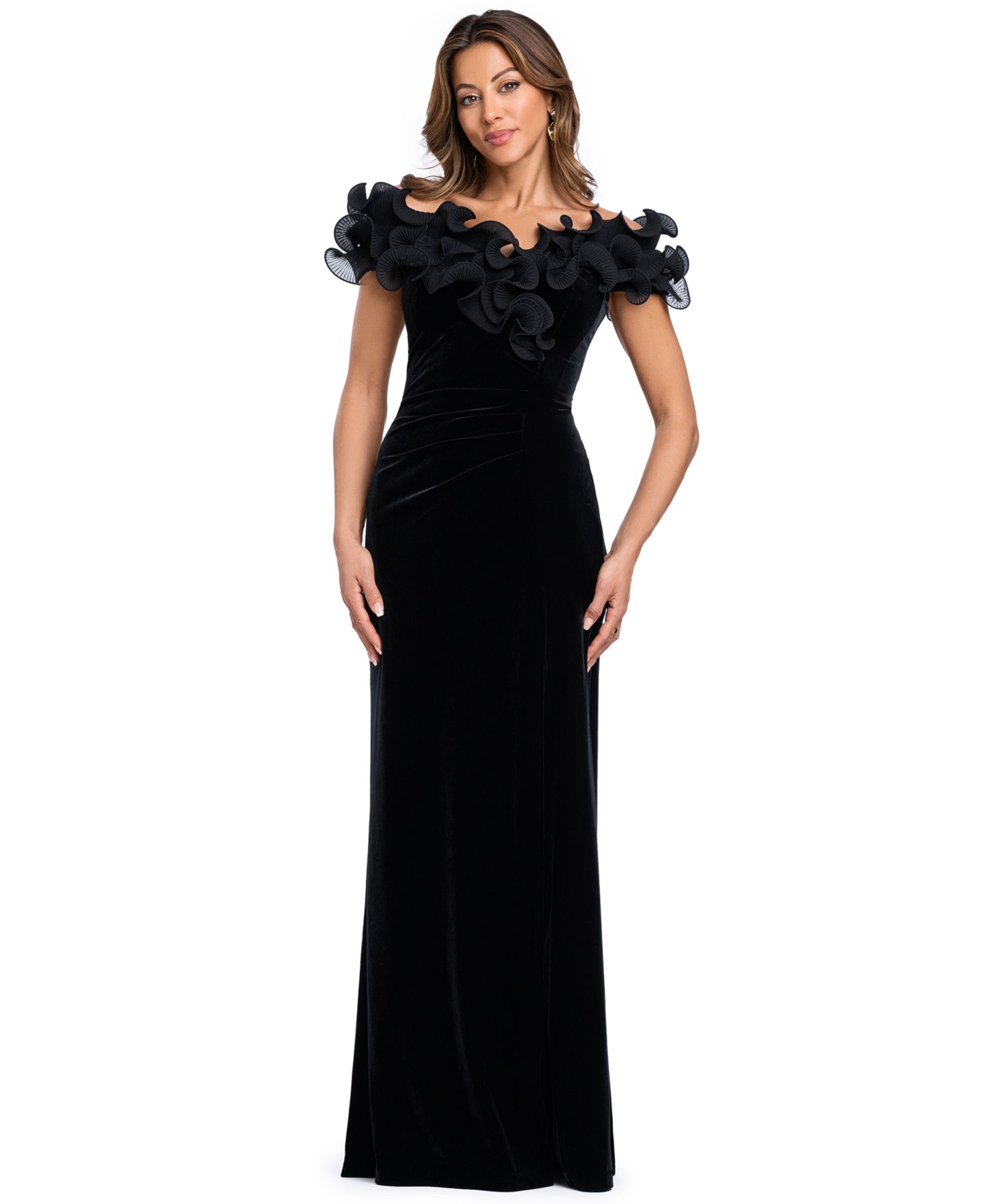 Женское платье XSCAPE Velvet Off-the-Shoulder Ruffled Long Gown, цвет: Чёрный — фото 2