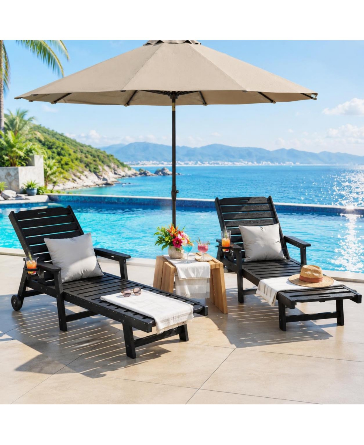 gaomon Set of 2 Hdpe Outdoor Patio Chaise Lounge Chairs, 5-Position Adjustable Recliners with Cup Holders Wheels Armrests for Poolside Deck Backyard